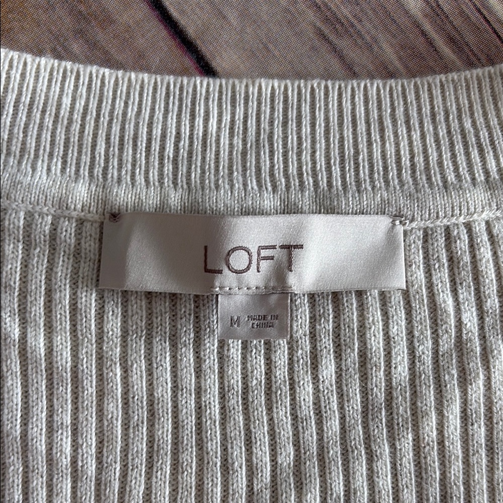 LOFT Ribbed Cream Scoop Neck Sweater with Cuffs - Picture 3 of 4